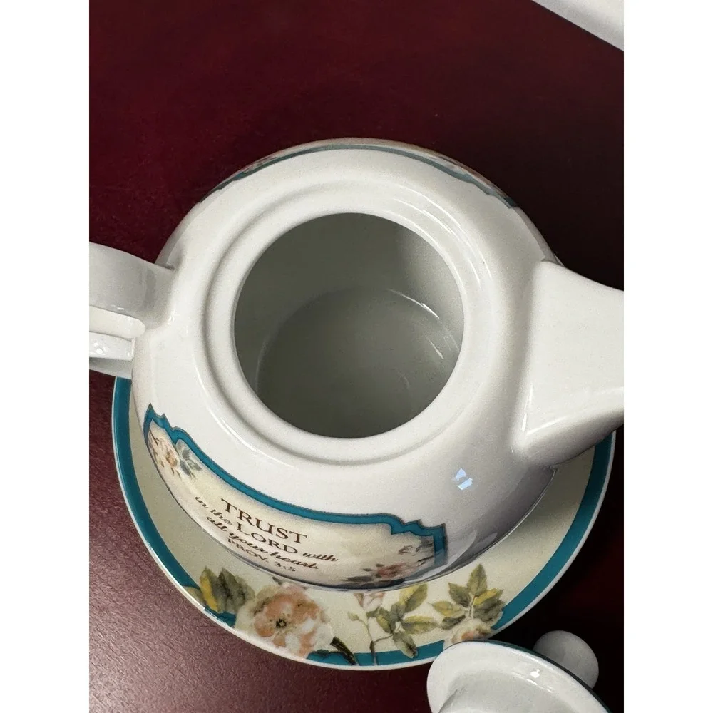 Christian Gifts teapot teacup with saucer Teal blue birds Bible Proverbs 3:5 E10